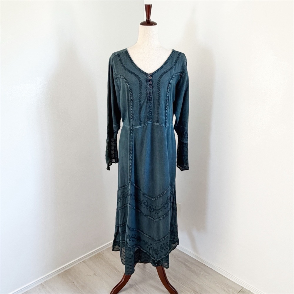 VTG Roamans Dress Womens 18W Plus Green Hippie Boho Peasant Renaissance Tie Back